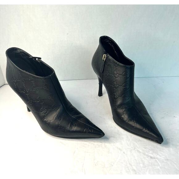 GUCCI Vintage Black Leather GG Monogram Logo Short Zip Stiletto Heel Bootie 5C W - Picture 2 of 12